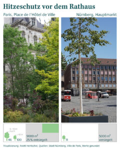 Die Plätze vor dem Rathaus in Paris und Nürnberg im Vergleich: In Paris ist der Place de l'Hôtel de Ville 9000 m2 groß, davon wurden 25 % entsiegelt. Es wurden dort rund 150 Bäume gepflanzt. In Nürnberg ist der rund 5000 m2 große Hauptmarkt komplett versiegelt und es stehen 11 mobile Bäume am westlichen Rand. Visualisierung: Anett Hentschel